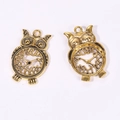 Detail view showing front and back of vintage bronze owl clock alloy pendants - Antique Gold Finish / 48 X 31 Mm / 8.4 G