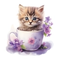 Cartoon tabby cat in purple floral teacup sticker for bathroom wall decoration - Brown Yellow Cat Tea Cup Style (fun-m29)