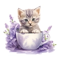 Cartoon grey striped cat in white teacup with purple lavender floral wall sticker - Grey Striped Cat Tea Cup Style (fun-m30)
