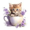Cartoon kitten in white teacup with purple flowers wall sticker for bathroom - Brown Striped Blue Eyes Cat Style (fun-m31)
