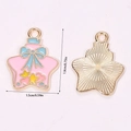 Roze emaille sterrenhanger met blauwe strik en goud metaal voor DIY strandjuwelen - Roze Boogster (A5-116)