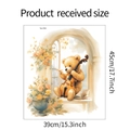Dettaglio dell'adesivo murale orsetto con violoncello e fiori con misure del prodotto - 39*45cm