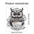 Detailed dimension guide for Owl Coffee wall sticker showing size 39cm by 45cm - Owl Drinking Coffee Style (fun-f70)