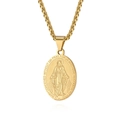 Golden oval Virgin Mary religious pendant necklace with wheat chain on white background - Twist Chain / Gold