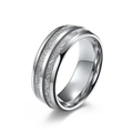 Polished silver tungsten carbide men's ring featuring dual grooves and meteorite inlay - Size 6 / Wide Style / Steel