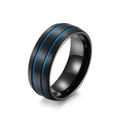 Matte black tungsten steel ring with blue lines and horizontal brushed finish for men - 8# / Black and Blue