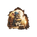 3D wall sticker featuring a cute mouse reading a book in a cozy wall hole with nightcap - Reading Mouse Style (fun-s10) / 11.5*11.5cm