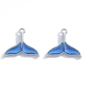 Pair of blue enamel whale tail charms with silver metal frame for DIY jewelry making - 17x20mm