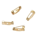 Detailed view of four golden safety pin bases for DIY jewelry making and craft projects - 15mm (50 Pieces/Pack) / KC Gold