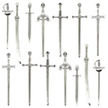 Set of 12 vintage silver alloy miniature sword charms and weapon pendants for DIY jewelry - Complete Set (1 Each of 7 Styles) / Antique Silver