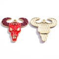 Red western bull skull alloy pendant with golden tribal patterns for DIY jewelry - Bull Skull (A8-044) / Red