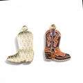 Brown and orange enamel cowboy boot charms in golden alloy for DIY jewelry - Cowboy Boot (A8-046) / Brown