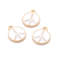 Three pieces of circular gold and white enamel peace sign pendants for DIY jewelry making - White / 14*12mm / 0.87g
