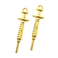 Set of two golden alloy syringe charms with detailed scales for DIY jewelry making - 36x9mm / Antique Gold