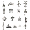 16-teiliges Vintage Silber Reiseanhänger-Set mit Eiffelturm, Reisepass und Flugzeug - 1 Set (je 1 Stück Von Jedem Der 17 Designs) / 80 X 60 Mm / 255 G