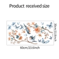 Detailed size specifications for bird and flower static cling window stickers showing dimensions - Blue Pink Butterfly Songbird Watercolor Style (fun-JD004)