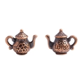 Pair of vintage bronze alloy tea kettle pendants featuring floral and Tea Time designs - Teapot Style (A3-141) / 16x13mm / Antique Red Copper