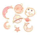 Pink enamel celestial pendants set featuring golden moons, stars, and cats for DIY jewelry - Pink Set (8 Styles)-Pink