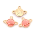Star ring planet alloy charms with gold finish and pink enamel drips for DIY jewelry - Pink Planet (A2-426)