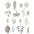 Set of 15 vintage silver alloy leaf pendants for DIY necklace and jewelry making - 16 Styles Leaf Charm Set / 1 Set (1 of Each of 16 Styles) / Antique Silver