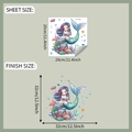 Detailed size specifications for cartoon mermaid wall sticker with sheet and finish dimensions - Blue Purple Gradient Little Mermaid Style (fun-m254) / 29x29cm