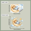 Detailed view of sleepy cartoon bear on moon wall sticker with stars and blue clouds - 40x60cm