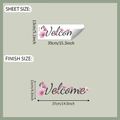 Dettagli delle dimensioni dell'adesivo da parete Welcome con fiori rosa su foglio e muro - 13*39cm