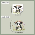 Detail of cartoon cow sticker showing sheet size 28x25cm and finish size 27x23cm - Cow Flower Style (fun-f377)