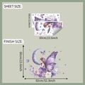 Dettaglio dell'adesivo murale fata farfalla con dimensioni del foglio e effetto finale - Stile Fata Viola (fun-b85)