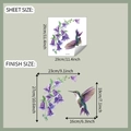 Dettaglio dell'adesivo murale con fiori viola e colibrì con guida alle dimensioni - 29*29cm