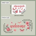 Detalle del vinilo decorativo de flores y mariposas con texto Welcome y medidas - 20x29cm