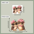 Detailed sheet and finish size display of cartoon owl bathroom toilet wall stickers - 25x29cm / Cartoon Couple Owls (fun-m289)