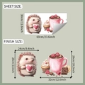 Detail view of cartoon hedgehog and dessert wall stickers with dimensions and sheet size - 30x60cm