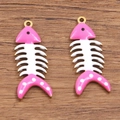 Pink and white enamel fishbone charm in golden stainless steel for DIY jewelry making - 1 Piece / Rose Red