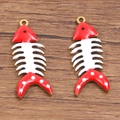 Golden stainless steel fish bone pendant with red and white enamel for DIY jewelry - 1 Piece / Red