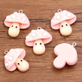 Pink resin mushroom charm with smiling face and silver metal ring for DIY jewelry - Pink