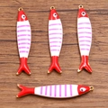 Fish shape enamel pendant in red and white with purple stripes for DIY jewelry making - Purple Striped