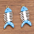 Hemelsblauwe en witte emaille visgraat hanger van goudkleurig roestvrij staal - 1 Stuk / Blauw