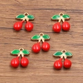 DIY cherry fruit pendants in red and green enamel on golden alloy base, set of five - 3D Cherry