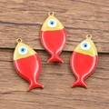 Three red and yellow fish charms with evil eye details and gold plating - 1 Piece / Red