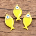 Golden fish charms with blue evil eye enamel and a round hanging ring for DIY jewelry - 1 Piece / Yellow
