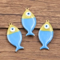 Blue and yellow fish evil eye pendant charms with gold plating for jewelry making - 1 Piece / Blue