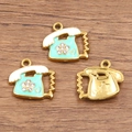 Golden retro telephone pendant with mint green enamel and sparkling floral rhinestone - Retro Telephone Design / 1 Piece / Blue