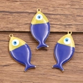 Three fish-shaped evil eye charms in yellow and blue enamel with gold-plated edges - 1 Piece / Dark Blue