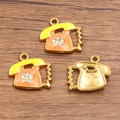 Three vintage orange and yellow enamel telephone charms with gold finish and rhinestones - Retro Telephone Design / 1 Piece / Orange