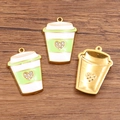 Golden stainless steel coffee cup charms with white and green enamel and crystal heart - Teacup Shape / 1 Piece / Green