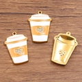 Golden coffee cup charms with orange enamel and heart rhinestones for DIY jewelry - Teacup Shape / 1 Piece / Orange