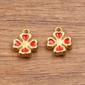 Goldene vierblättrige Kleeblatt-Anhänger aus Edelstahl mit roter Emaille für Schmuck - Rot