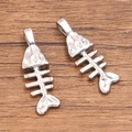 Pair of minimalist silver fish bone pendants in polished 304 stainless steel design - Fish Bone (1052 Steel) / Steel