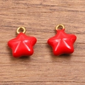 Pair of red enamel star pendants with gold metal ring for DIY jewelry making - 11x13mm / Red Pentagram